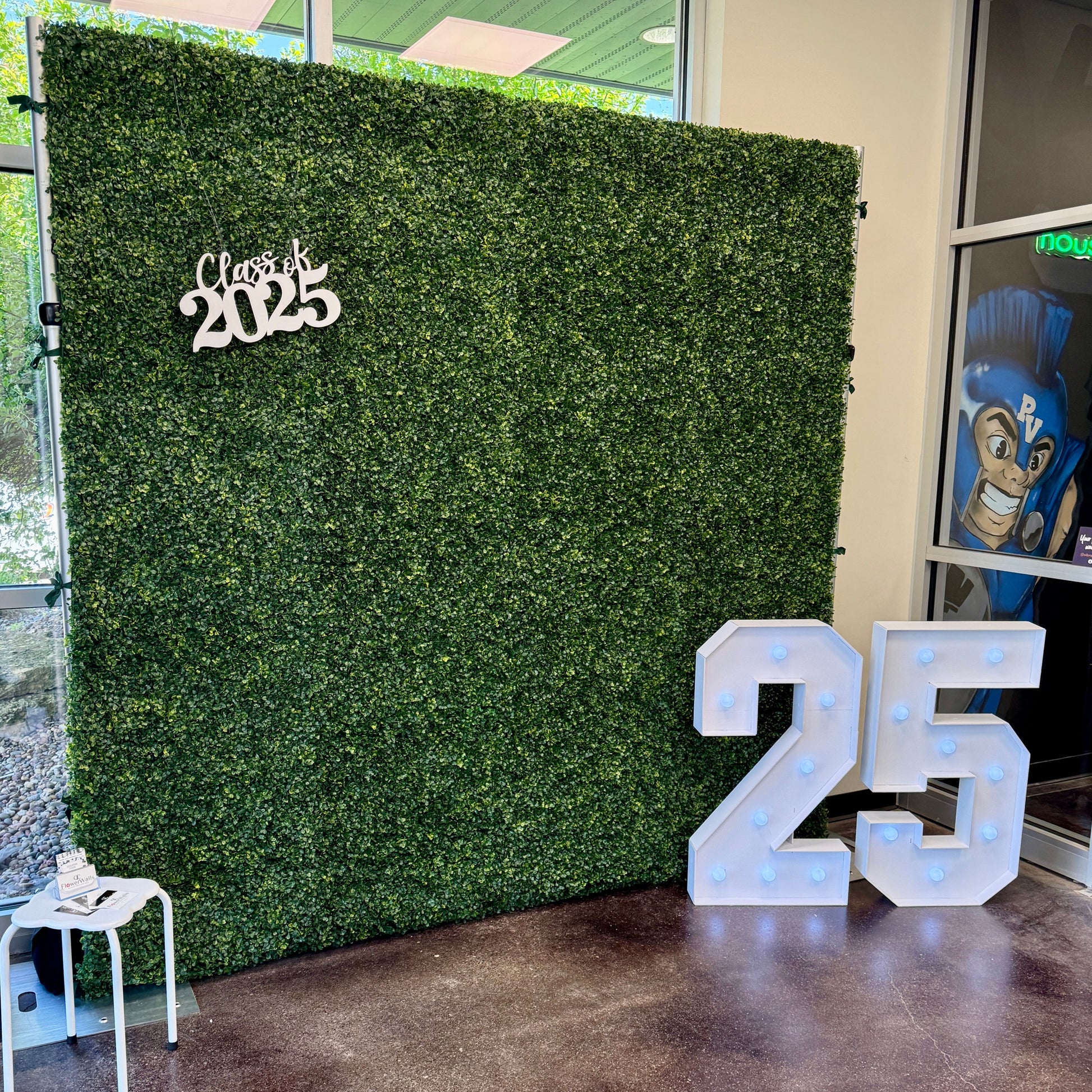 Example of the boxwood greenery wall with graduation themed decorations