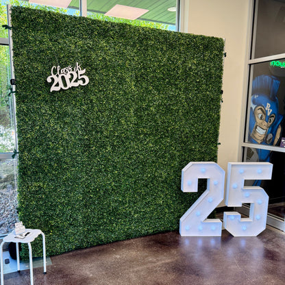Example of the boxwood greenery wall with graduation themed decorations